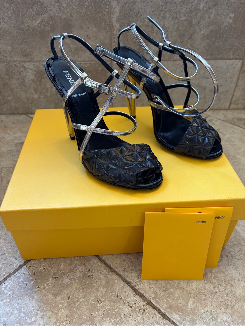 Fendi Black & Silver Textured Strappy Heels
